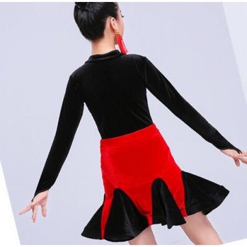 Children Black and red latin dresses kids girl's stage performance long sleeves turtle neck competition ballroom latin salsa dance dresses